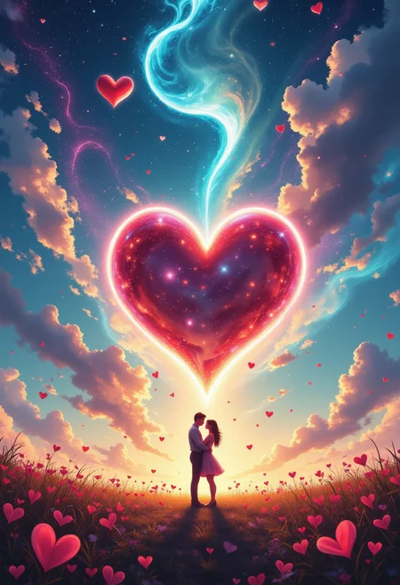 Envision a surreal landscape where floating hearts and celestial bodies fill the sky. In the center, a couple shares an otherworldly embrace amid swirling colors and delicate, abstract patterns, blurring the line between reality and dream.
, aidmaLOVEboost, aidmamj6.1, aidmafluxpro1.1