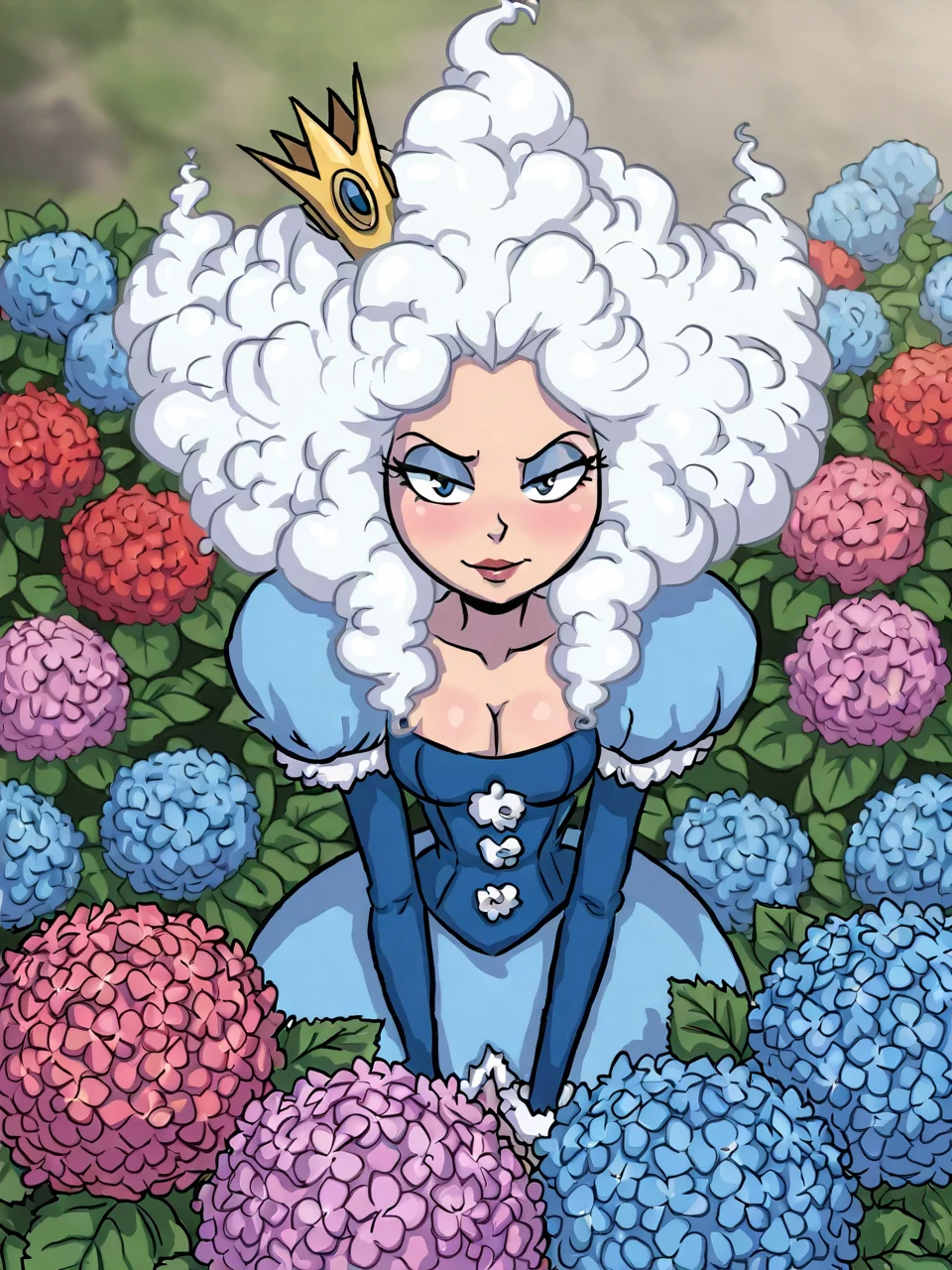 (masterpiece,best quality,newest,absurdres,highres), Cl0udi4, 1girl, solo, long hair, white hair, blue eyes, crown, blue dress, looking at viewer, flower, leaf, hydrangea, pink flower, blue flower, red flower<lora:Add_Flower_Nature:0.8> <lora:Queen_Cloudia_IllustriousXL-000008:0.9>