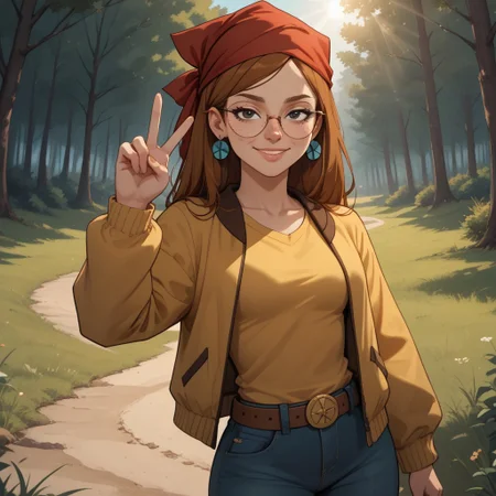 score_9, score_8, BREAK, solo, red bandana, auburn hair, glasses, freckles, lips, peace symbol earrings, yellow long sleeves, brown sleeveless mini jacket, blue long jeans, flip flops, total drama, Miles_(Total_Drama), belt, black eyes, sexy pose, self portrait, smile, outdoors, sunlight, shadows, evening lighting, natural lighting, forest, trees, grass, orange sky, sunset