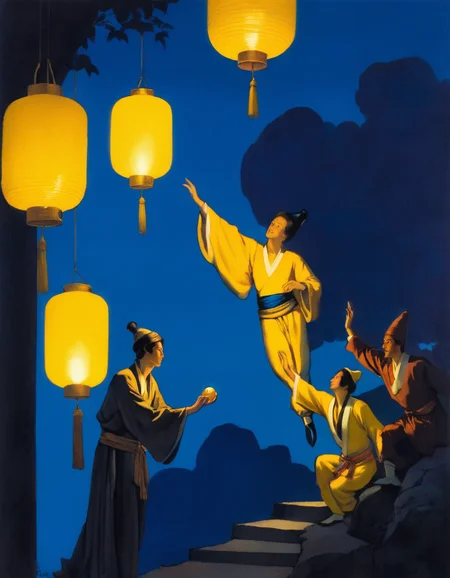 a Parrish painting depicting a whimsical scene featuring several male figures dressed in light-colored costumes adorned with blue spots, resembling traditional performers or festivities. They are engaged in the act of handling large, yellow lanterns, which emit a warm glow against the backdrop of a deep blue sky. In the foreground, one figure sits on a step, cradling a lantern in a thoughtful manner. Other figures are either reaching for lanterns hanging from above or carefully positioning them in their hands. The composition is rich in contrast, with the bright yellow lanterns providing a striking visual against the darker tones of the background. <lora:MParrish-000004:1>