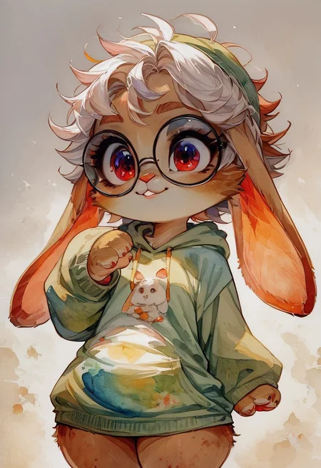 (watercolor, traditional media), score_9, score_8_up, score_7_up, score_6_up, source_anime, (shortstack:1.4), (cute:1.4), (adorable:1.4), big expressive eyes, cinematic lighting, volumetric lighting, Expressiveh, thighs, plump, extremely detailed, amazing quality, detailed eyes, colorful, high quality, (detailed face), (solo:1.2) (semi-anthro:1.25), rabbit, (slightly chubby, overweight:1.35), voluptuous, paws, handpaw, white fur, furry, paw hands, fluffy tail, ear fluff, goth, black eyeliner, red eyes, (rabbit ears, big ears, lop eared, floppy ears, long ears, big eyes, fluffy ears:1.35), (short stature), slim, thin, petite, feminine, female), (large round glasses, oversized baggy hoodie, beanie), (hair, short hair, boyish hair, unkempt hair, raggedy hair, (fluffy hair:1.2), white hair, twintails, swirly hair), (shy, timid, neutral expression, smug), simple pink background, (cowboy shot:1.2), looking at viewer,