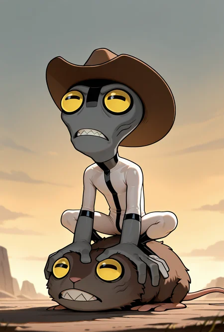 <lora:greymatter-09:1> greymatter, solo, 1boy, white bodysuit, grey skin, , ,small body, big hands, , sharp teeth, big yellow eyes, big head, ,riding a rat, brown rat, sitting on rat, holding cowboy hat, rodeo,, masterpiece, best quality, amazing quality, very aesthetic, absurdres, newest,