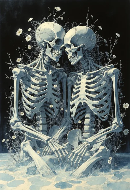 Highly detailed artwork depicting two skeletal figures fully drowned higher than their skull in a translucent and milky liquid. The skeletal figures are life-sized and appear to be male, with elongated, thin limbs and a pronounced rib cage. Their skin is transparent, revealing the intricate network of bones and veins beneath. The figures are seated side to side, with their knees bent and arms resting on their thighs, creating a sense of contemplative stillness. The skeletal figures are surrounded by a delicate arrangement of white flowers and thin, wispy stems, which are also transparent, adding to the ethereal quality of the scene. The flowers and stems appear to be floating in the air, almost as if they are part of the skeletal figures’ skeletal structure, creating a surreal and haunting aesthetic. The background is a deep, dark gradient, which contrasts sharply with the light, ethereal elements in the foreground, emphasizing the skeletal figures and the floral arrangement. The artwork combines elements of realism with a touch of fantasy, creating a deeply evocative and thought-provoking visual experience.