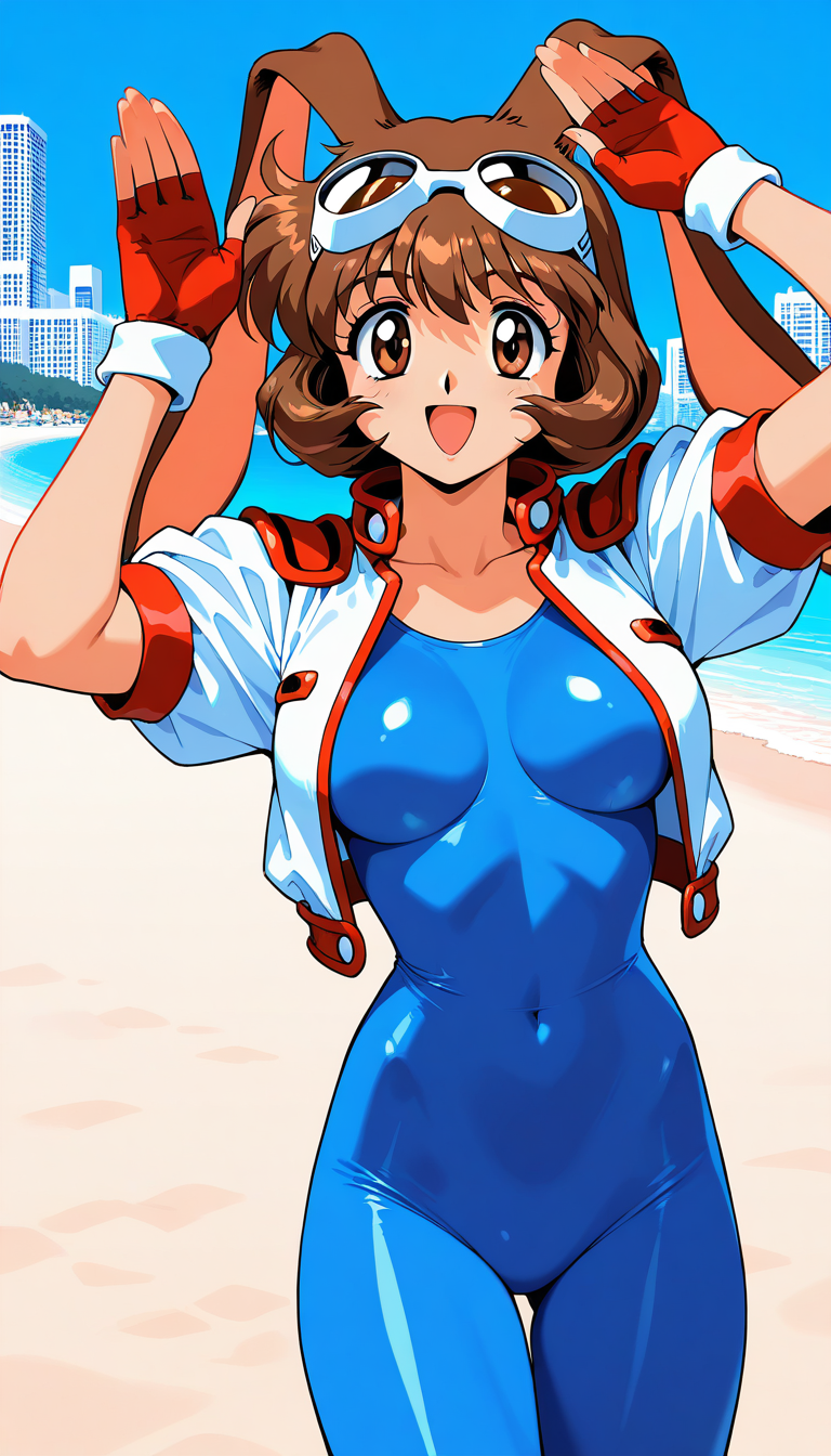 masterpiece, best quality, good quality, <lora:Makihara_Arina_IS:1>Makihara_Arina, brown hair, animal ears, goggles on head, rabbit ears, brown eyes, 1990s (style),  medium breasts,
 1girl, solo, gloves, fingerless gloves, cropped jacket, blue bodysuit, bodysuit, open mouth,
 smile, red gloves, jacket, looking at viewer, short sleeves, covered navel, cowboy shot, black eyes, :d, open clothes, skin tight, simple background, 
blue sky, beach, building,