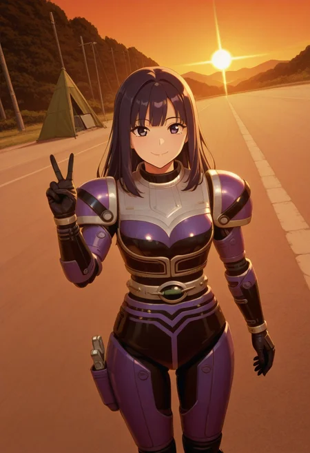 anime screencap, anime coloring,
solo, 1girl, cowboy shot,from above, dutch angle,
dark hair, long hair, curtain bangs dark eyes looking at viewer, medium breasts, smile, (covered neck), BREAK
Tent0u, robot, solo, armor, bodysuit, belt, gloves, boots, shoulder pad, holster, v sign hand,
outdoors, road, sunset, dramatic lighting