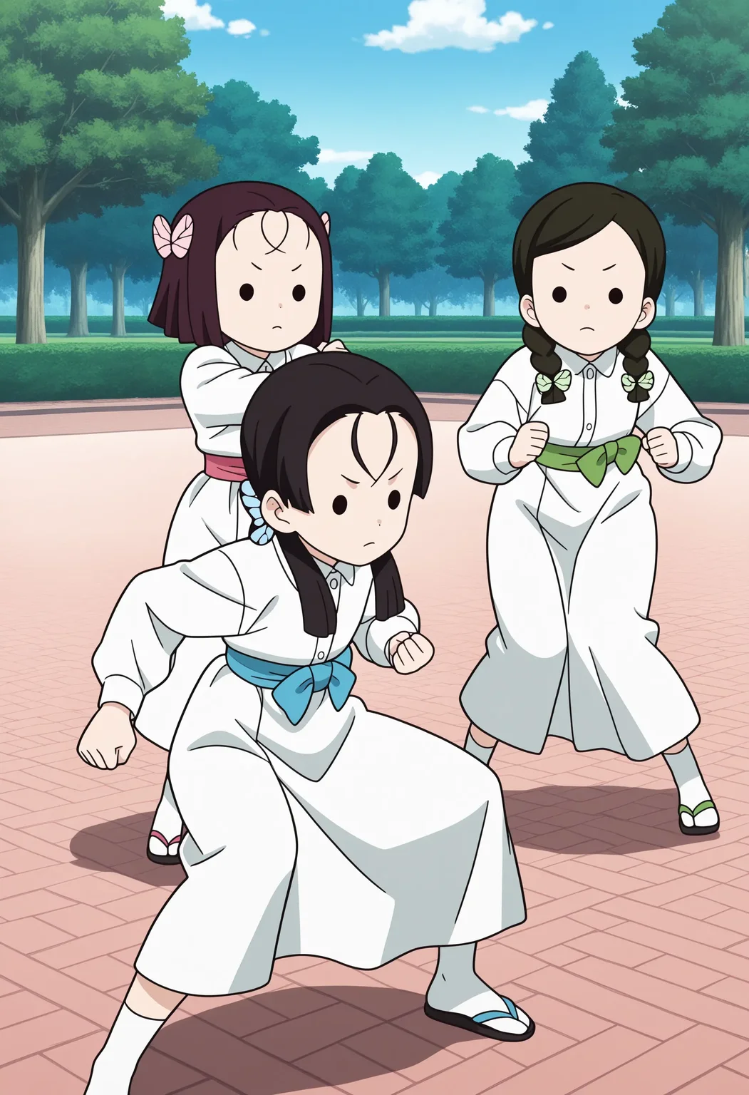 3girls, butterfly mansion girls, terauchi kiyo, black hair, long hair, dot eyes, pink hair ribbon, pink butterfly hair ornament, collared shirt, white dress, pink obi, white skirt, white socks, sandal, 
nakahara sumi, swept bangs, low twintails, blue hair ribbon, blue butterfly hair ornament, blue obi, 
takada naho, parted bangs, twin braids, green hair ribbon, green butterfly hair ornament, green obi, 
dynamic pose, fighting stance, 
outdoors, park, sakura, hanami, 
masterpiece, best quality, ultra-detailed, very aesthetic, illustration, perfect composition, intricate details, absurdres, official art, official style, source_anime, anime screencap, anime coloring, newest, intricate, hires textures, high detail, 4k, incredibly detailed, perfect anatomy, UHD, 8K, 
| <lora:DS-butterfly_mansion_girls_XL(ill01)v10d:1>