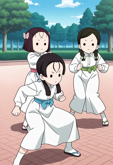 3girls, butterfly mansion girls, terauchi kiyo, black hair, long hair, dot eyes, pink hair ribbon, pink butterfly hair ornament, collared shirt, white dress, pink obi, white skirt, white socks, sandal, 
nakahara sumi, swept bangs, low twintails, blue hair ribbon, blue butterfly hair ornament, blue obi, 
takada naho, parted bangs, twin braids, green hair ribbon, green butterfly hair ornament, green obi, 
dynamic pose, fighting stance, 
outdoors, park, sakura, hanami, 
masterpiece, best quality, ultra-detailed, very aesthetic, illustration, perfect composition, intricate details, absurdres, official art, official style, source_anime, anime screencap, anime coloring, newest, intricate, hires textures, high detail, 4k, incredibly detailed, perfect anatomy, UHD, 8K, 
| <lora:DS-butterfly_mansion_girls_XL(ill01)v10d:1>