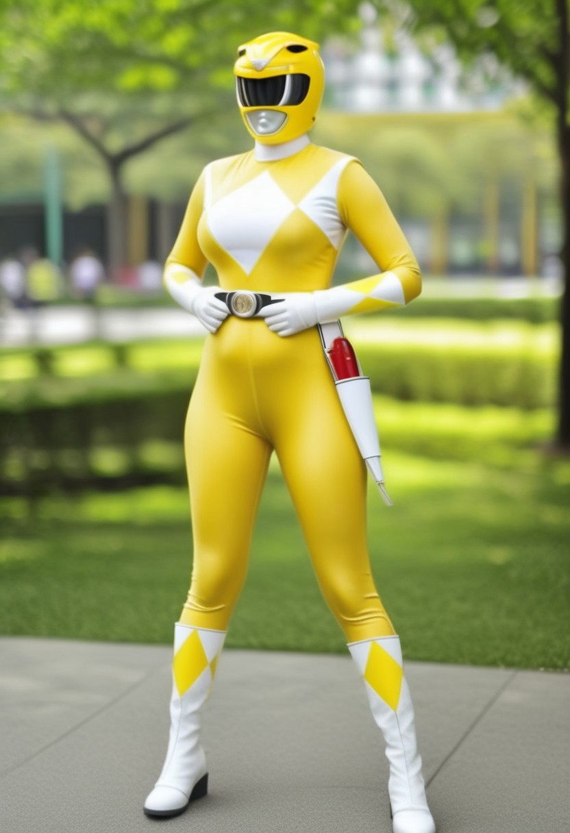 female yellow-power-ranger, alone, morphed, helmet, morphed, helmet, yellow catsuit, white gloves belt boots holster, standing square-on, in urban park, arms down by sides, full body photo, very-large-breasts, enormous-breasts, hyperdetailed photography