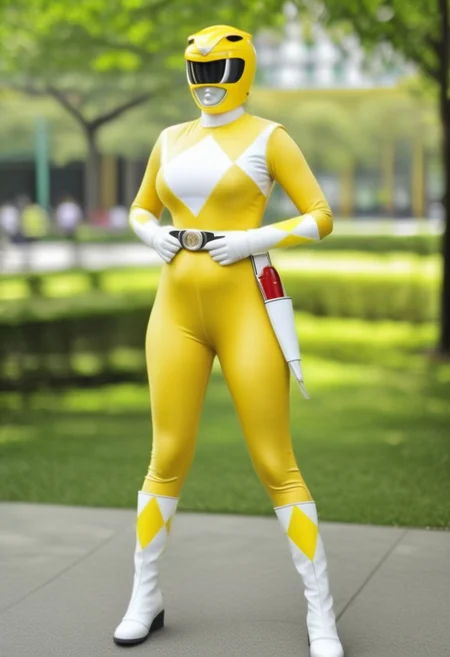 female yellow-power-ranger, alone, morphed, helmet, morphed, helmet, yellow catsuit, white gloves belt boots holster, standing square-on, in urban park, arms down by sides, full body photo, very-large-breasts, enormous-breasts, hyperdetailed photography