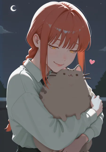 embedding:IllusP0s, g00se, hugging Pusheen, hug, 1girl, solo, loving, smile, night, makima_\(chainsaw_man\)<lora:PusheenIXL.safetensors:1.0:1.0> <lora:g00se_v2_ill.safetensors:1:1>