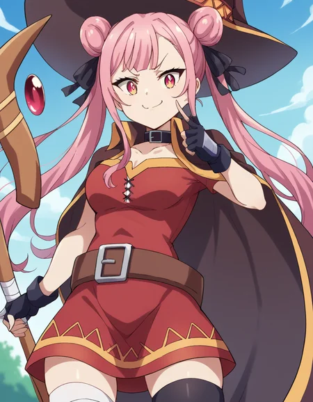 score_9, score_8_up, score_7_up, source_anime, <lora:tao-yuifa-s1-ponyxl-lora-nochekaiser:1>, tao yuifa, long hair, bangs, twintails, hair ribbon, pink hair, pink eyes, hair bun, double bun, medium breasts,, <lora:megumin-cosplay-ponyxl-lora-nochekaiser:1>, megumin cosplay, megumin (cosplay), thighhighs, gloves, hat, dress, black gloves, belt, black thighhighs, fingerless gloves, cape, collar, witch hat, bandages, red dress, single thighhigh, asymmetrical legwear, bandaged leg,, staff, holding staff, smug, outdoors, looking at viewer, cowboy shot,, , dutch angle, cowboy shot