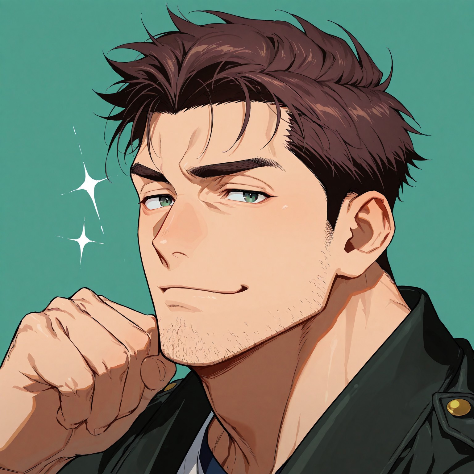score_9,score_8_up,score_7_up, score_9, score_8_up, Intricate Details, Masterpiece, Best Quality, 1man, mature, bara, solo, male focus, correct anatomy, perfect hands, stylized seinen anime style, lots of details, shaded, detailed shading, detailed skin, counter shading, manly face, dark green eyes, striking features, a chiseled jawline and a stubble. His brown hair is short and neat, close up of face, small smirk