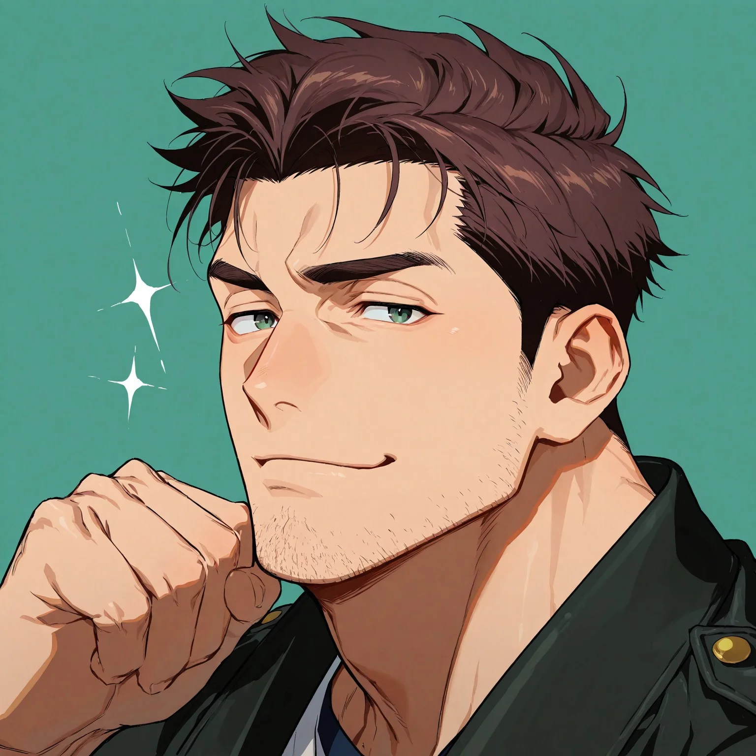 score_9,score_8_up,score_7_up, score_9, score_8_up, Intricate Details, Masterpiece, Best Quality, 1man, mature, bara, solo, male focus, correct anatomy, perfect hands, stylized seinen anime style, lots of details, shaded, detailed shading, detailed skin, counter shading, manly face, dark green eyes, striking features, a chiseled jawline and a stubble. His brown hair is short and neat, close up of face, small smirk