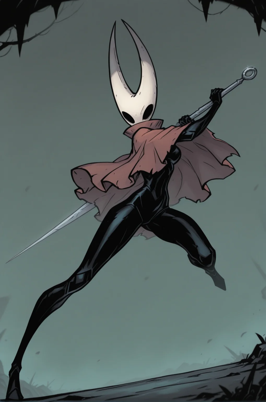 1girl, hollow eyes, hornet \(hollow knight\), red cloak, full body, holding weapon, needle, fighting stance, from below, <lora:Hornet_hollow_knight_Illustrious-000007:0.9>,  <lora:DD_Style03:1> Darkest Dungeon, masterpiece, best quality, newest, absurdres, highres, new