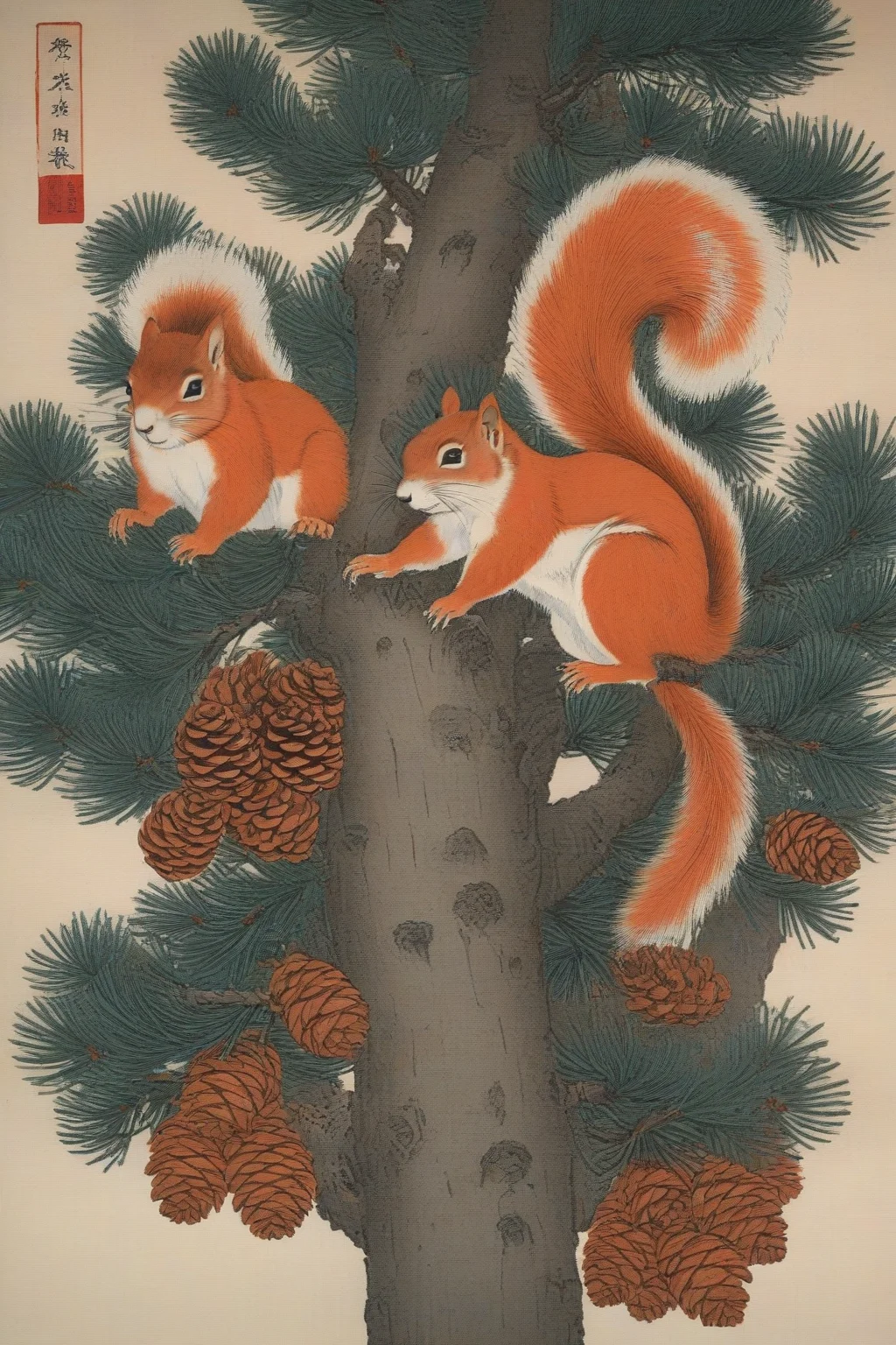 Two squirrels, on a pine tree, big pine cones<lora:é²å䏿´¾@æ¨å»çç»SDXL (1):1>,Chinese woodcut prints,