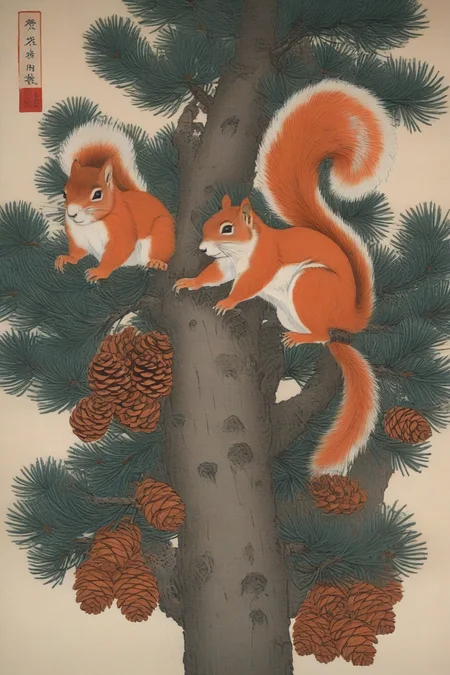 Two squirrels, on a pine tree, big pine cones<lora:é²å䏿´¾@æ¨å»çç»SDXL (1):1>,Chinese woodcut prints,