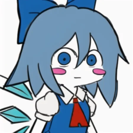 KKHTA_style, sharp_edges, masterpiece, best quality, (upperbody), (Cirno), blue hair, (simple background:1.3), (white background), <lora:Sloppy Drawing:0.7>, blue dress, pale