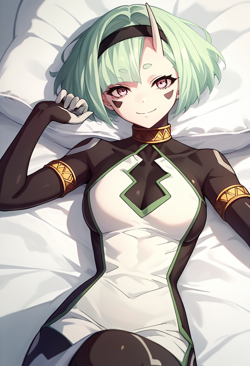 score_9, score_8_up, score_7_up, source_anime, Koko Zenibako, black skin color, 1girl, solo, horns, short hair, dress, looking at viewer, breasts, black hairband, hairband, facial mark, green hair, pink eyes, colored skin , smile, white dress, white bed, lying<lora:Koko Zenibako pony:1>