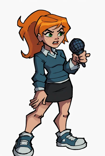 <lora:ovgwen-03:1> ovgwen, green eyes, 1girl, ponytail, orange hair, solo, blue shirt, freckles, white collared shirt, black skirt , sweater, <lora:17Bucks_style_-_Friday_Night_Funkin:1> cartoon, stylized art, cartoonish, cartoon, flat colors, bold outlines, rough outlines, gradient shading, minimal gradients, indie cartoon aesthetic, full body, standing, digital art, 2d, 2d art, holding, holding microphone, white background, seventeenbucks, score_9, score_8_up, score_7_up, masterpiece, best quality