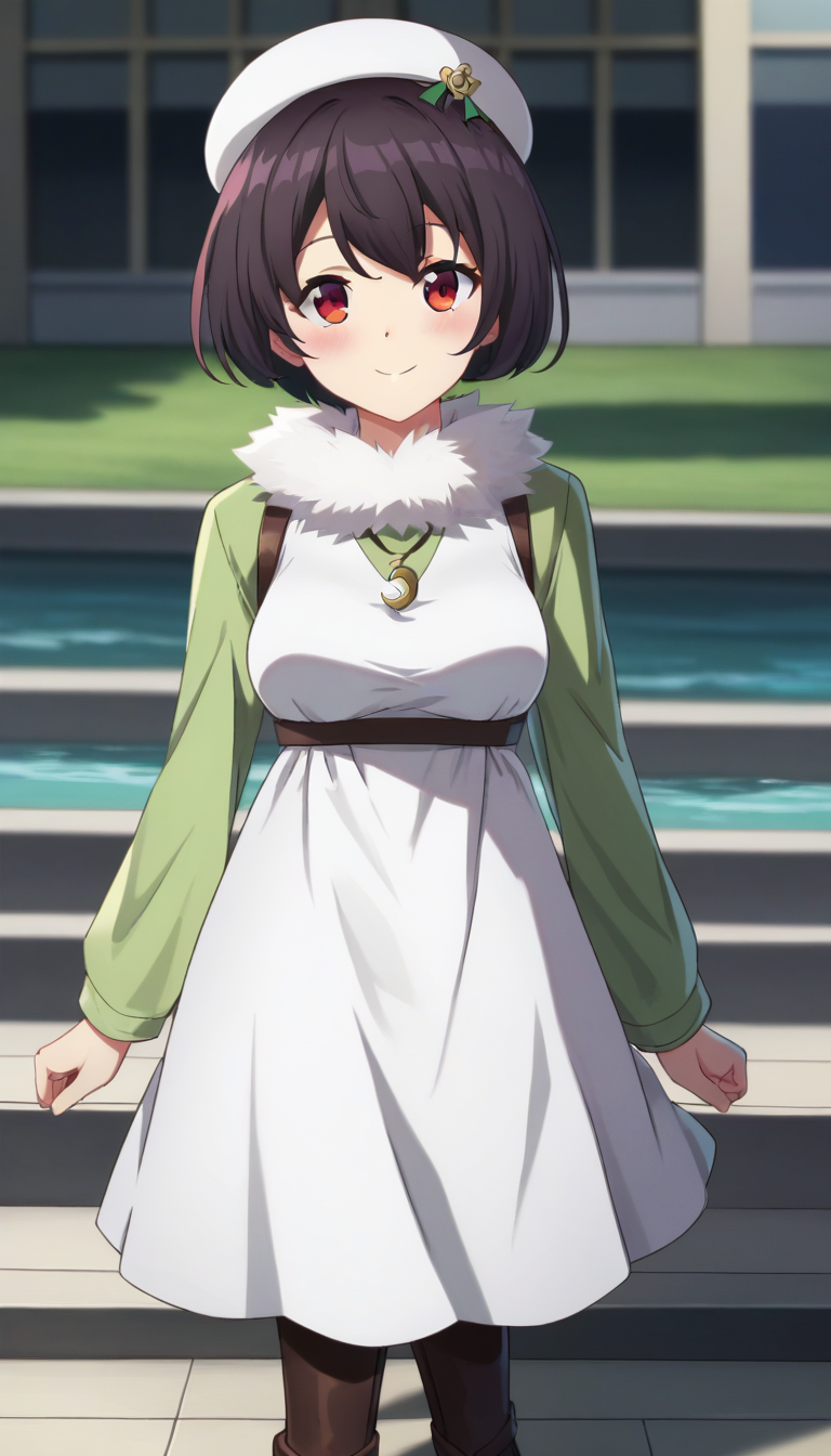 score_9,score_8_up,masterpiece,best quality,correct anatomy,anime_source,1girl,solo,perfect eyes,perfect arms,perfect legs,perfect face,outdoors,upper body,(portrait:1.5),looking at viewer,facing viewer,smile,blush,Sayuri Jisshoji,beret,white headwear,short hair,black hair,red eyes,fur collar,fur trim,necklace,green shirt,long sleeves shirt,halter dress,white dress,sleeveless dress,medium breasts,black pantyhose,high heel boots,brown footwear,<lora:Sayuri Jisshoji(bnr)-Pony:1.6>,
