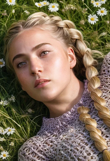 Hyperrealistic art High-definition portrayal, ((ultra-dynamic angle)) ((blonde girl with intricate detailed braids)), reclined and basking in the radiant beauty of a blooming meadow