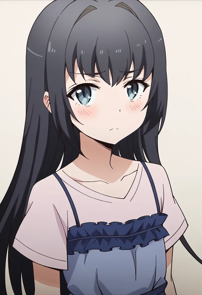 score_9, score_8_up, score_7_up, score_6_up, score_5_up, score_4_up, masterpiece, source_anime BREAK 1girl, c-ruri, flat chest, black hair, long hair, blue eyes, blue dress, pink shirt, short sleeves, upper body, portrait, simple background, beige background, looking at viewer, blush, <lora:Rumi_Tsurumi_ver2_Pony_c:1>