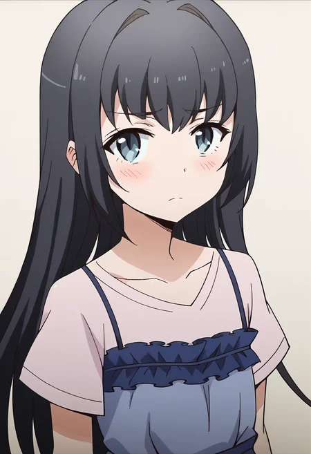 score_9, score_8_up, score_7_up, score_6_up, score_5_up, score_4_up, masterpiece, source_anime BREAK 1girl, c-ruri, flat chest, black hair, long hair, blue eyes, blue dress, pink shirt, short sleeves, upper body, portrait, simple background, beige background, looking at viewer, blush, <lora:Rumi_Tsurumi_ver2_Pony_c:1>