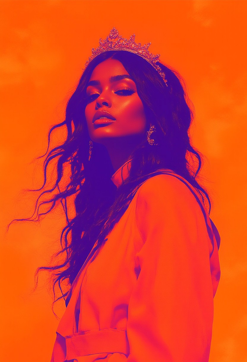 fg ,midjourney, 
duo tone graphic design, low angle view, Mature woman, purple outline on neon orange background, long curly hair, round face, wearing a tiara, small nose and full lips, dynamic pose, ,dutch pose