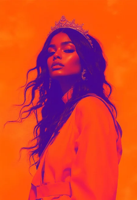 fg ,midjourney, 
duo tone graphic design, low angle view, Mature woman, purple outline on neon orange background, long curly hair, round face, wearing a tiara, small nose and full lips, dynamic pose, ,dutch pose