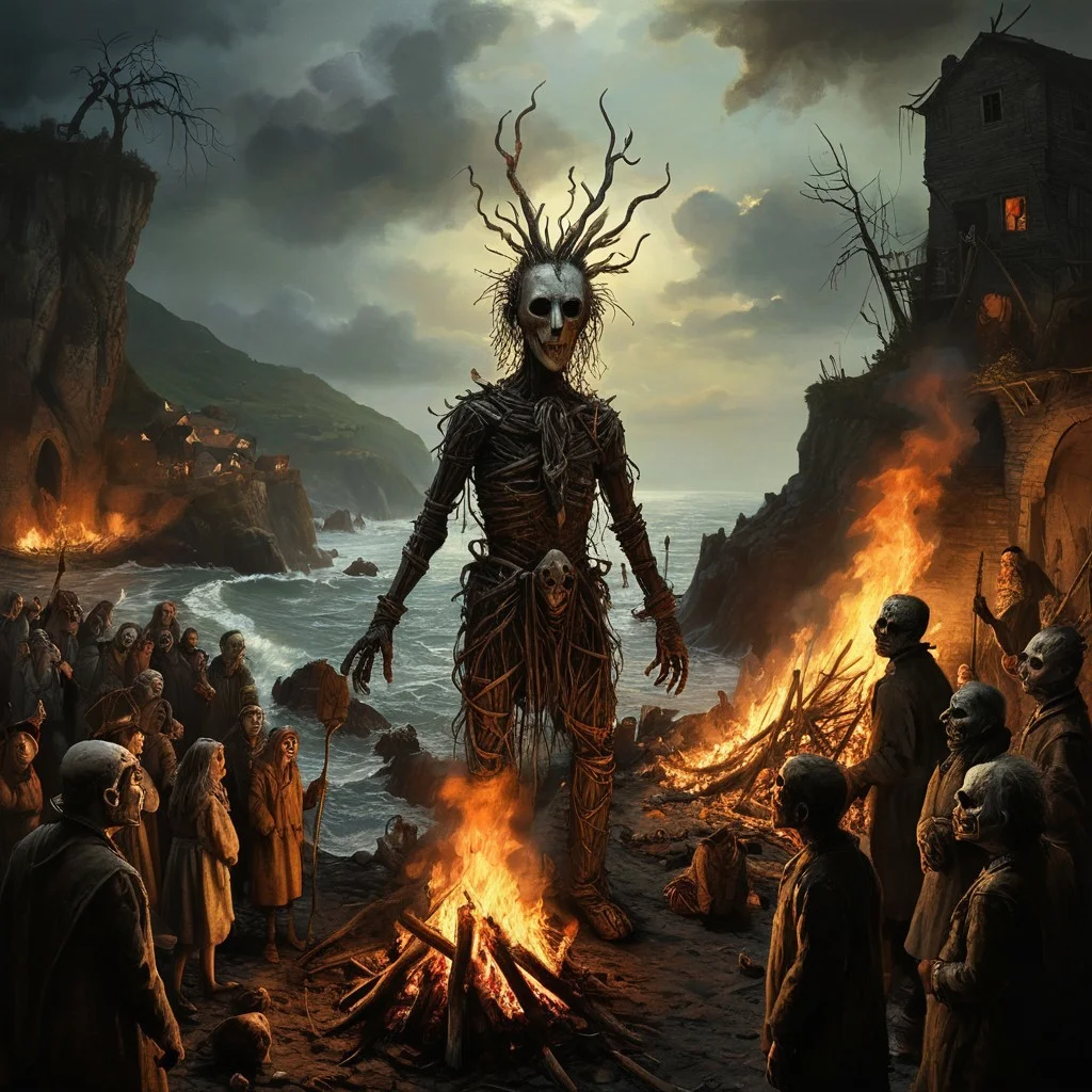 DonMn1ghtm4reXL, stephen gammell (artist), chiaroscuro, low-key,  great lighting, corcoc3s, c3s,(Folk rural horror:1.5), (isolated island community:1.3), (massive wicker man structure:1.5), (twilight scene on coastal cliff:1.2), (jubilant villagers dancing:1.4), (pagan ritual atmosphere:1.3), (protagonist peeking out from wicker man's gaps:1.4), (flickering torches illuminating scene:1.2), (ominous bonfire preparations:1.3), (traditional folk costumes with unsettling masks:1.4), (contrast between festive mood and impending doom:1.5), (Celtic-inspired designs on wicker man:1.2), (stormy sea in background:1.1), oil painting technique, hyper-detailed, 8k resolution, (Edward Burra meets Thomas Hart Benton style:1.4), unsettling warm light from flames, (sense of inescapable fate:1.3), (blurred line between celebration and cruelty:1.4), photorealistic textures, (oppressive inevitability:1.3), (implicit threat in joyful faces:1.4), (foreboding atmosphere despite festivities:1.5), (implied danger rather than explicit content:1.4)