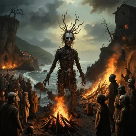 DonMn1ghtm4reXL, stephen gammell (artist), chiaroscuro, low-key, great lighting, corcoc3s, c3s,(Folk rural horror:1.5), (isolated island community:1.3), (massive wicker man structure:1.5), (twilight scene on coastal cliff:1.2), (jubilant villagers dancing:1.4), (pagan ritual atmosphere:1.3), (protagonist peeking out from wicker man's gaps:1.4), (flickering torches illuminating scene:1.2), (ominous bonfire preparations:1.3), (traditional folk costumes with unsettling masks:1.4), (contrast between festive mood and impending doom:1.5), (Celtic-inspired designs on wicker man:1.2), (stormy sea in background:1.1), oil painting technique, hyper-detailed, 8k resolution, (Edward Burra meets Thomas Hart Benton style:1.4), unsettling warm light from flames, (sense of inescapable fate:1.3), (blurred line between celebration and cruelty:1.4), photorealistic textures, (oppressive inevitability:1.3), (implicit threat in joyful faces:1.4), (foreboding atmosphere despite festivities:1.5), (implied danger rather than explicit content:1.4)
