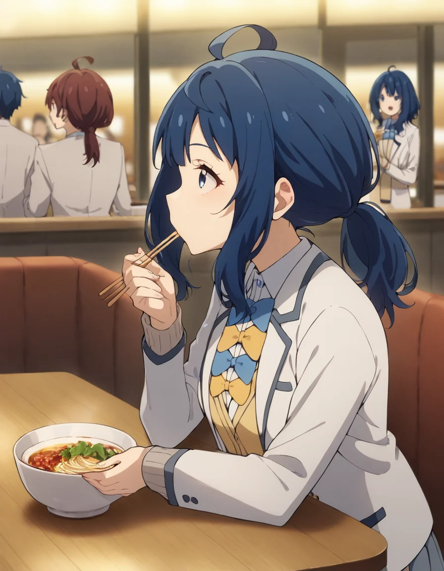 score_9, score_8_up, score_7_up, source_anime, BREAK
1girl, solo, looking up, blurry background, table, restaurant, crowd, eating, from side, 
anna yanami, blue hair, medium hair, ahoge, blue eyes, low ponytail, ramen, happy, holding chopsticks, bowl of noodles, 
winter school uniform, white blazer, open blazer, white collared shirt, long sleeves, sleeves past wrist, blue bowtie, yellow bowtie, yellow vest, grey pleated skirt,
<lora:anna_yanami_anime_v7-soralz:1>,