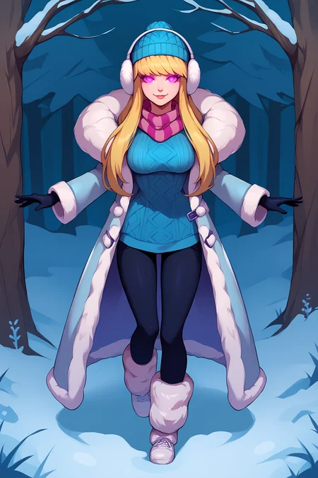 score_9, score_8_up, score_7_up, score_6_up, BREAK, SyndraSDayXL, purple eyes, glowing eyes, blonde hair, long hair, bangs, blue beanie, white earmuffs, medium breasts, pink striped scarf, winter coat, blue sweater, black gloves, black pants, leg warmers, white footwear, solo, full body, standing, seductive smile, looking at viewer, forest, tree <lora:SyndraSDayXL:1>