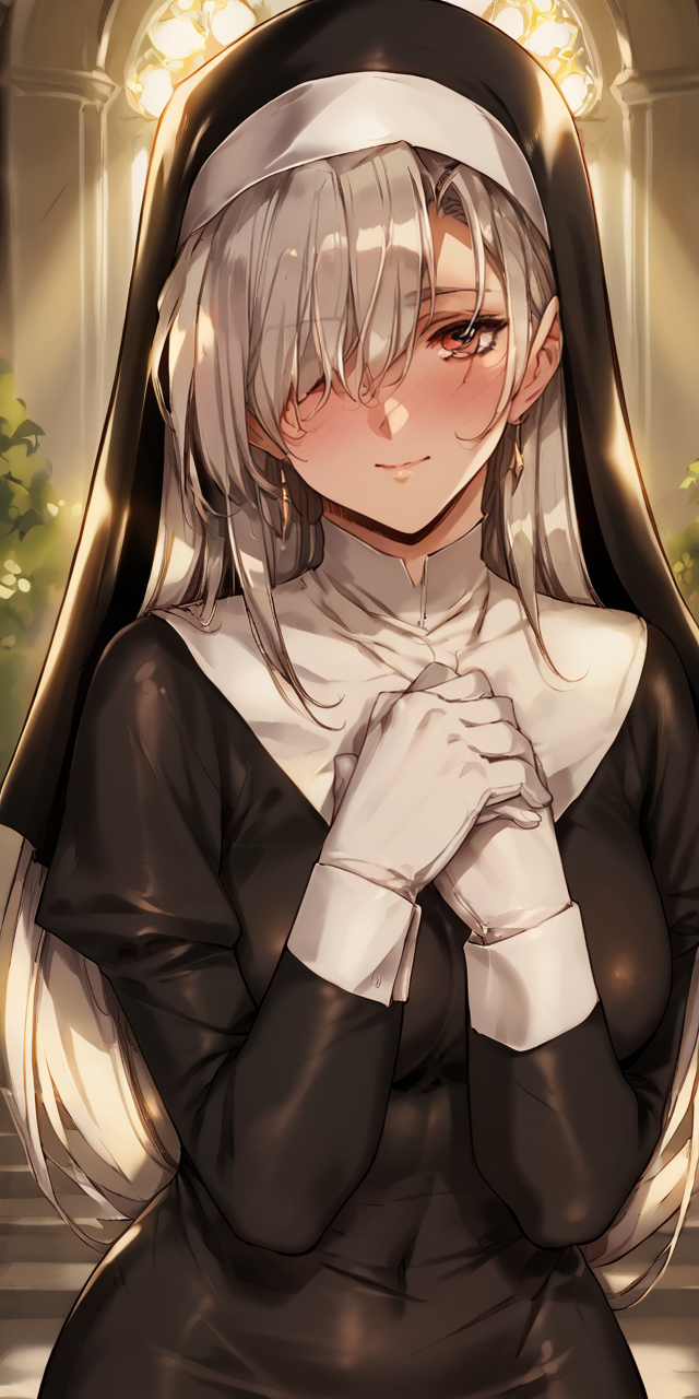 1girl, absurdres, uncensored, score_9, score_8_up, score_7_up, score_6_up, source_anime, zPDXL3,
(mature female),
BREAK.
indoors, seductive smile, smile, (blush:1.7),
BREAK
BREAK
 long hair, hair over one eye, mole under eye, bangs, grey hair, earrings, red eyes
habit, nun, white gloves, long sleeves, black dress<lora:Urushihara Satoshi_XL_PONY_V2:0.9>,<lora:Priest Claireponyxl:0.8>