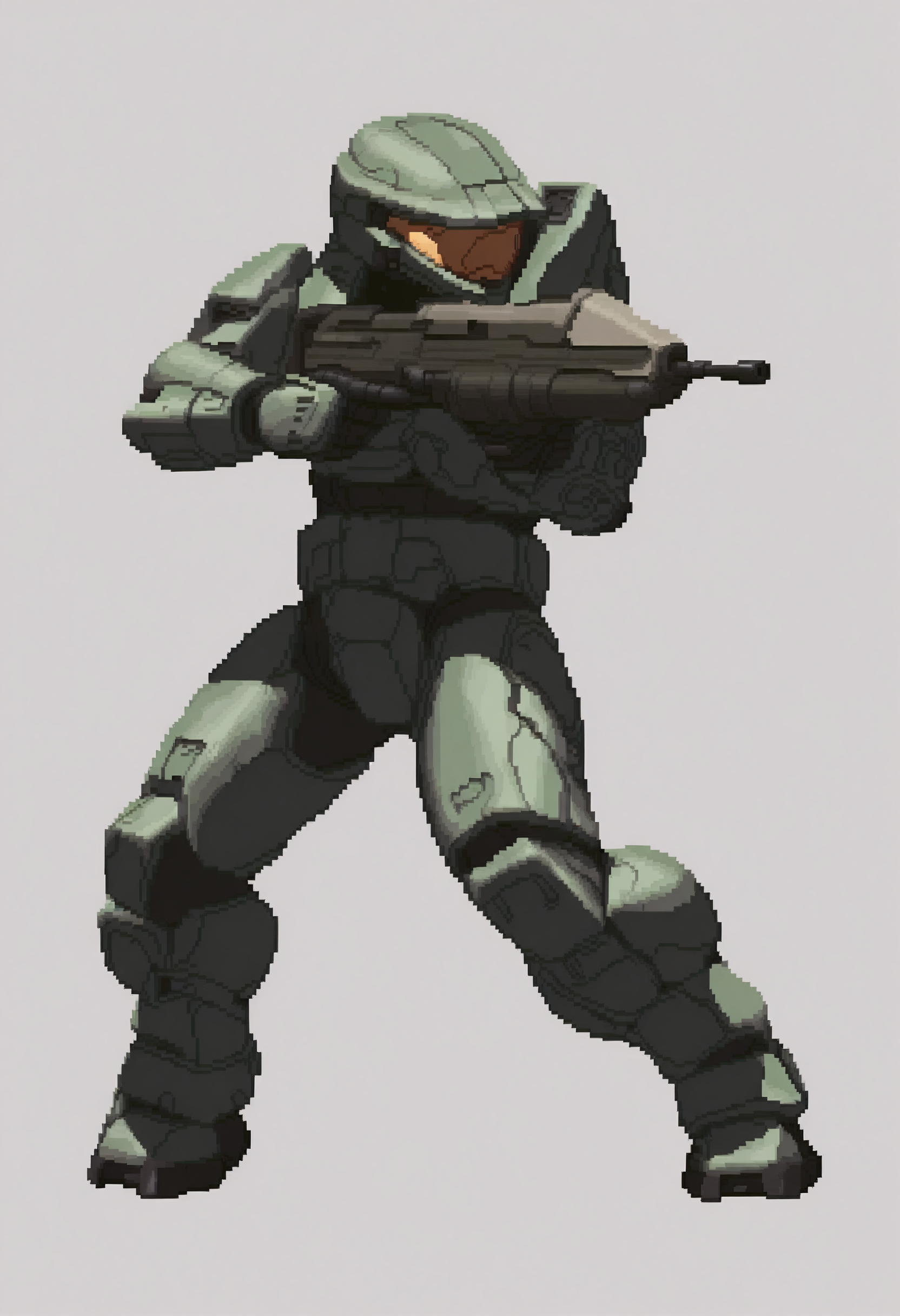masterpiece, best quality, 1boy, solo, <lora:KOF-XIII-SpritesV2-illus_Fp:1>, full body, simple background, pixel art, <lora:masterchief-halo-richy-v1_ixl:1>, masterchief, helmet, visor, power armor, assault rifle, aiming, looking to the side,