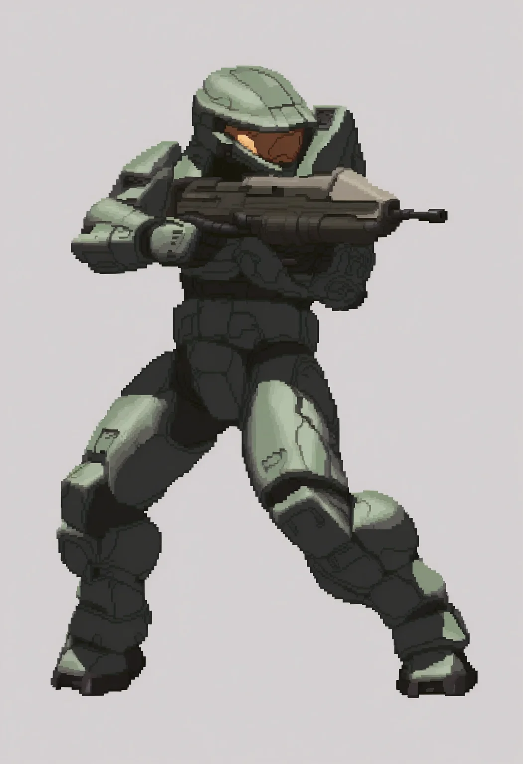 masterpiece, best quality, 1boy, solo, <lora:KOF-XIII-SpritesV2-illus_Fp:1>, full body, simple background, pixel art, <lora:masterchief-halo-richy-v1_ixl:1>, masterchief, helmet, visor, power armor, assault rifle, aiming, looking to the side,