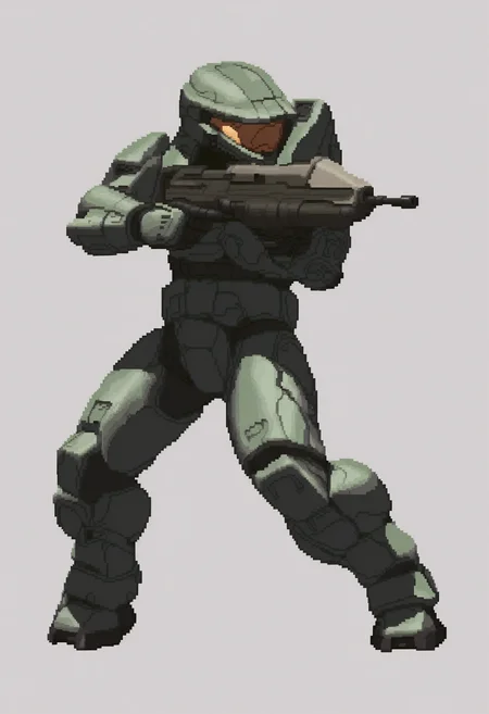 masterpiece, best quality, 1boy, solo, <lora:KOF-XIII-SpritesV2-illus_Fp:1>, full body, simple background, pixel art, <lora:masterchief-halo-richy-v1_ixl:1>, masterchief, helmet, visor, power armor, assault rifle, aiming, looking to the side,