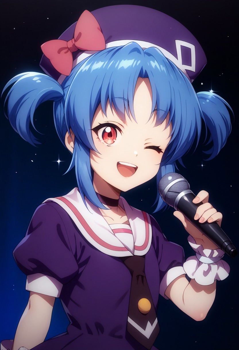 score_9, score_8_up, score_7_up, source_anime, highly detailed, 
kurobane, 1girl, one eye closed, microphone, blue hair, open mouth, twintails, smile, solo, short sleeves,
holding, bow, holding microphone, ;d, red eyes, sparkle, purple shirt, white sailor collar, wrist cuffs,
hat bow, sailor collar, idol, short twintails, puffy short sleeves, looking at viewer, upper body, hat,
shirt, red bow, puffy sleeves,