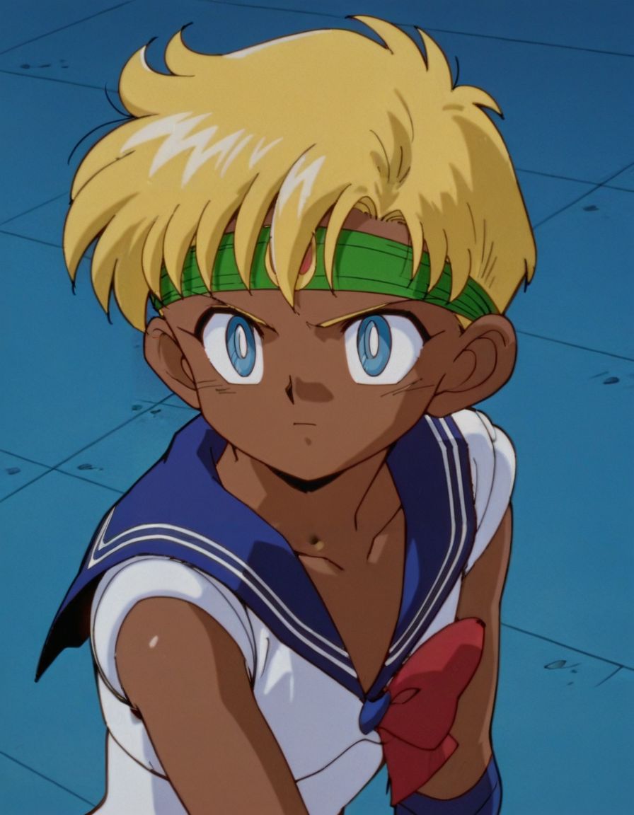 masterpiece, best quality, 1boy, male focus, looking at viewer, solo, upper body, 
Ja1, blue eyes, dark skin, blonde hair, headband, retro artstyle, (sailor senshi uniform:1.2), <lora:J:1>,
