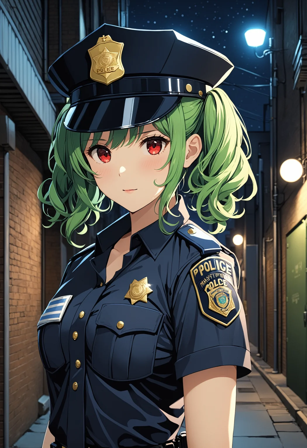 masterpiece, best quality, 4k, 8k, 1girl, medium breasts, green hair, curly hair, twintails, short hair, red eyes, (Police Uniform:1.3), police hat, alley, nighttime, <lora:naughty_to_nice_XL_v1.0:0>