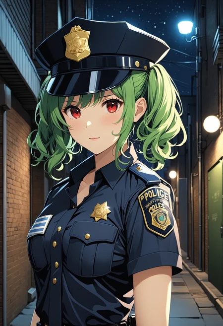 masterpiece, best quality, 4k, 8k, 1girl, medium breasts, green hair, curly hair, twintails, short hair, red eyes, (Police Uniform:1.3), police hat, alley, nighttime, <lora:naughty_to_nice_XL_v1.0:0>