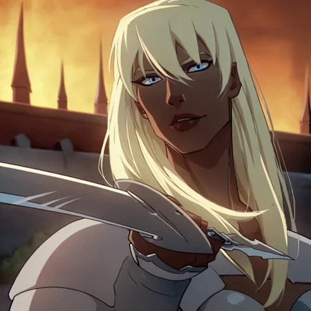 score_9, score_8_up, score_7_up, 1girl, solo, lipstick, blonde hair, long hair, blue eyes, breast, armor, sword, Gilotina (dc), looking at viewer, outdoors, night