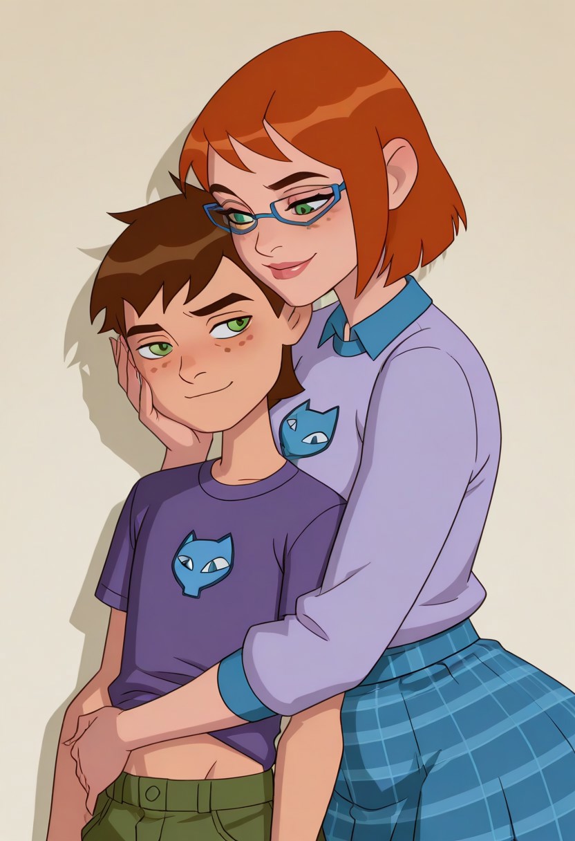 (ben tennyson:1.4), 1boy, short male, 165cm, brown spiky hair, green eyes, purple sweatshirt, green cargo pants, hugging (gwennerd:1.3) from behind, arms around waist, intimate embrace, (NSFW:1.4), sexual reunion, warm sensual vibe,   (gwennerd:1.3), 1girl, tall woman, 180cm, mature female, milf, orange short hair, green eyes, freckles, blue-framed glasses, celeste t-shirt with blue cat emblem, blue sleeves, blue collar, blue plaid skirt, standing confidently, smiling, face close to ben tennyson's cheek,   two characters, height difference, gwennerd much taller than  ben tenyson, anime style, semi-realistic, soft lighting, clean background, ultra-detailed, perfect anatomy, masterpiece, artist:moriimee