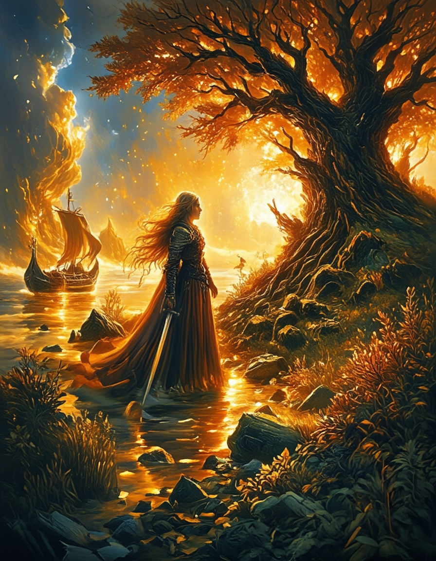 <lora:Medieval_Worlds_Scenery01cflux:1> mwl01, scenery, landscape, orange, chaos, t5, t2, vegetation, fire sea, rough sea, fantasy, gold, T4, blue, orange, yellow, bokeh, brown, tree, knight old woman, hair in the wind, sword, medieval boat,