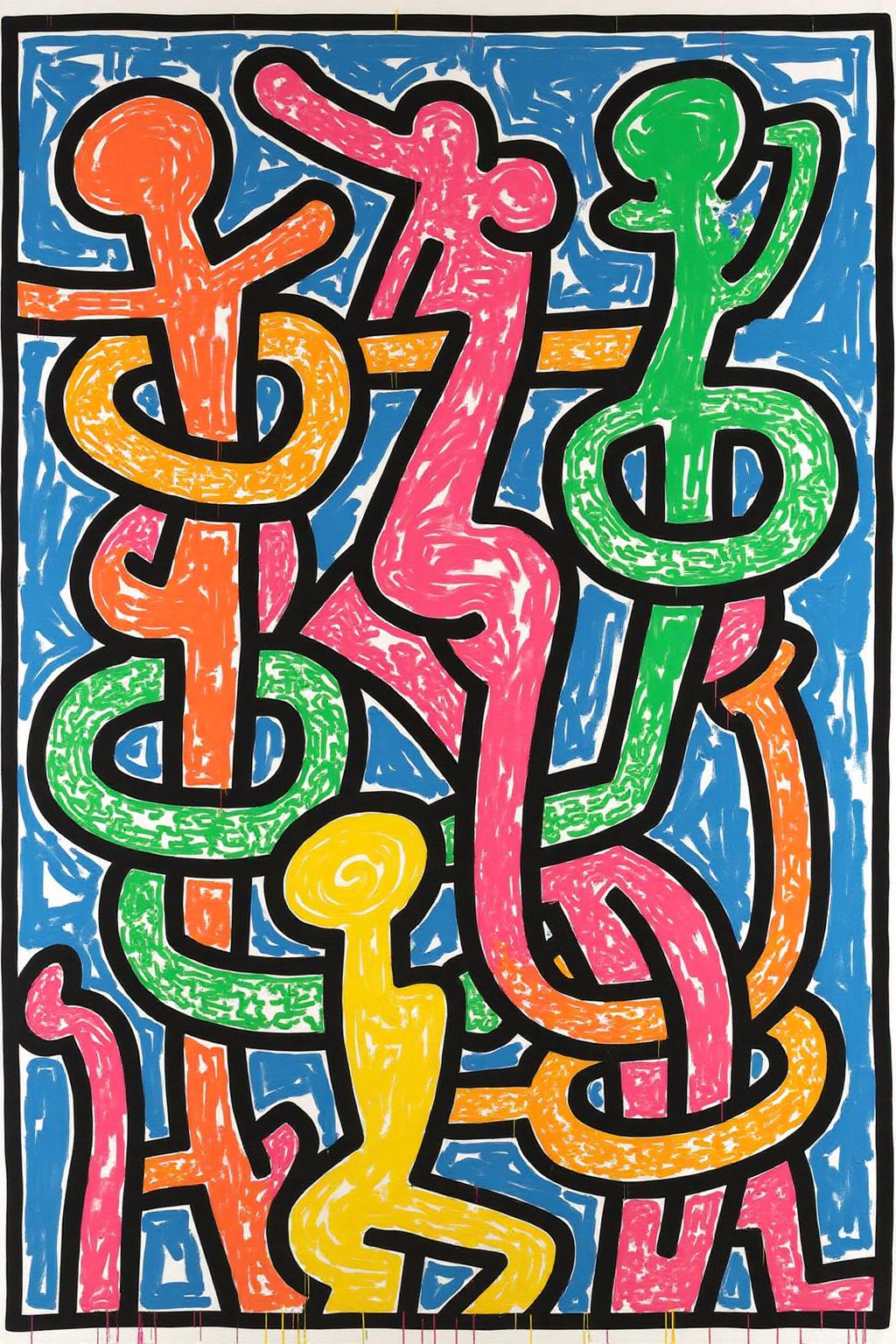keithharing1 
An abstract pop art illustration of human figures and geometric shapes in bold colors, outlined in black against a white background.
 <lora:keithharing1_cap_d6a3:1.0><lora:834322239622102356:0>