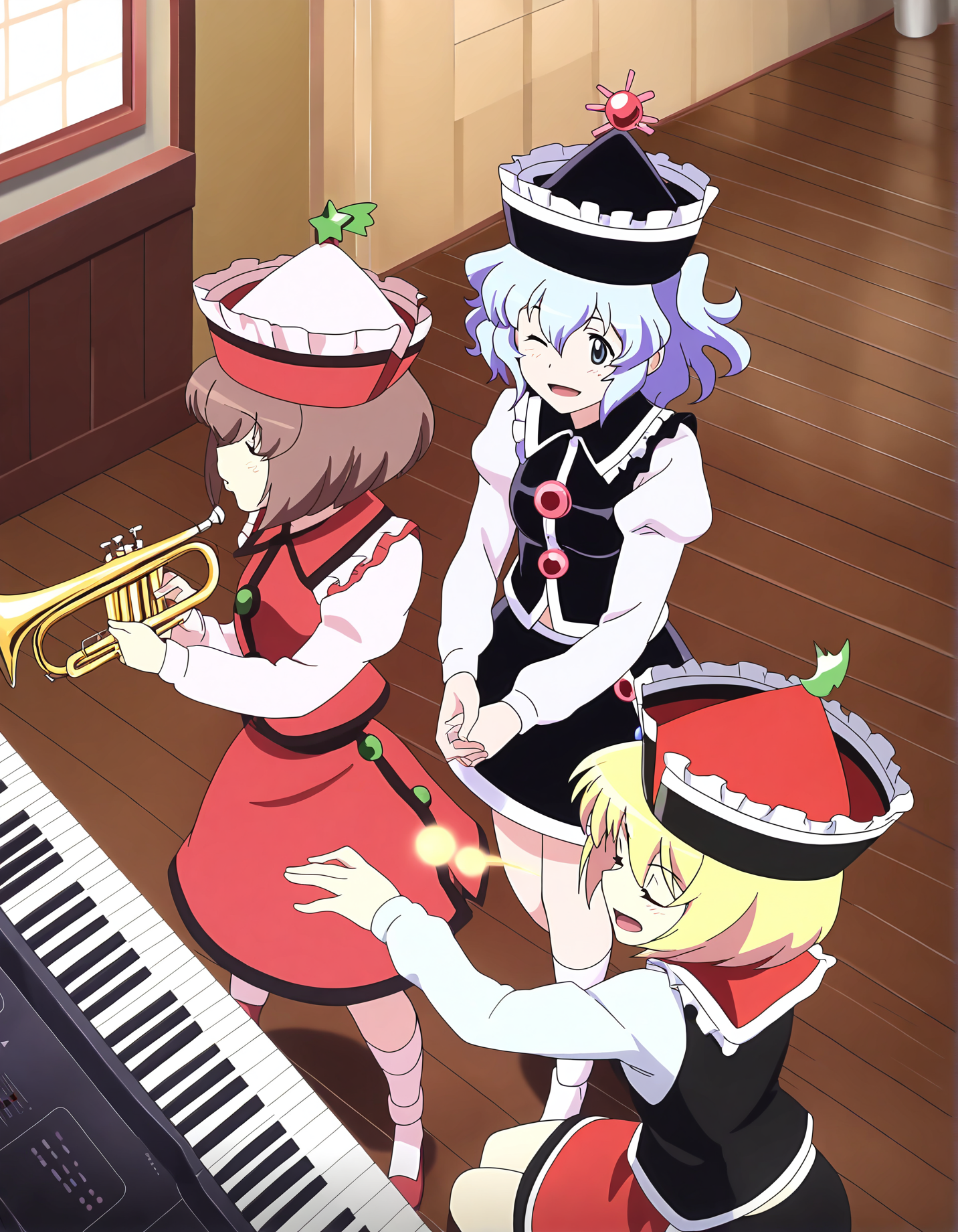 memoriesofphantasm, lyrica prismriver, multiple girls, 3girls, lunasa prismriver, instrument, merlin prismriver, blonde hair, violin, keyboard \(instrument\), hat, brown hair, closed eyes, sisters, siblings, playing instrument, trumpet, general, one eye closed, skirt, short hair, music, vest, smile, blue eyes, open mouth, red headwear, blue hair, wooden floor, long sleeves, black vest, red vest, red skirt, shirt, black skirt, black headwear, crescent, white shirt, green eyes
very awa, masterpiece, best quality, year 2024, newest, highres, absurdres, <lora:memories-of-phantasm-style-noobai-epspred11:1>