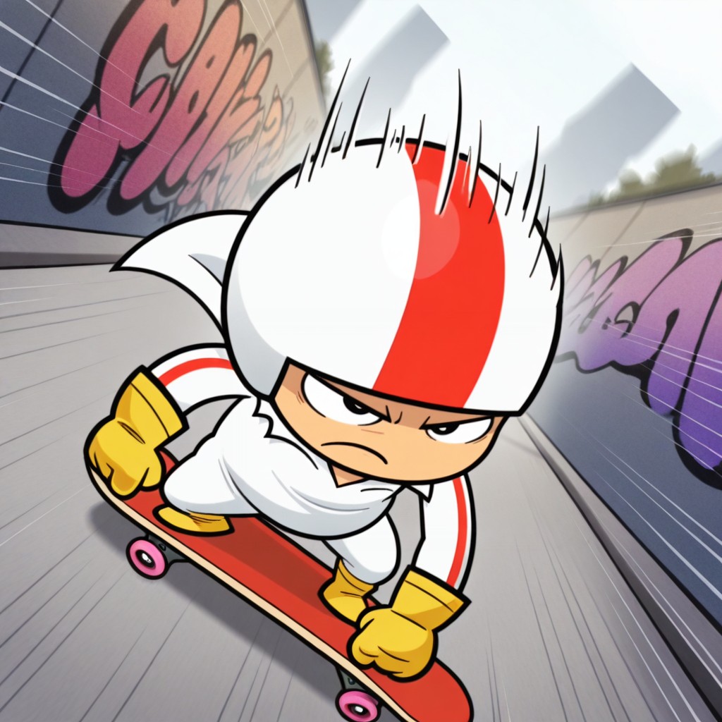 masterpiece, best quality, amazing quality, kickbutt, 1boy, male focus, human, solo, young, black eyes, short, slightly chubby, striped white jumpsuit, striped white helmet, yellow gloves, yellow boots, riding skateboard, serious, frown, skatepark, graffiti, high angle, dutch angle, (speed lines, motion blur)