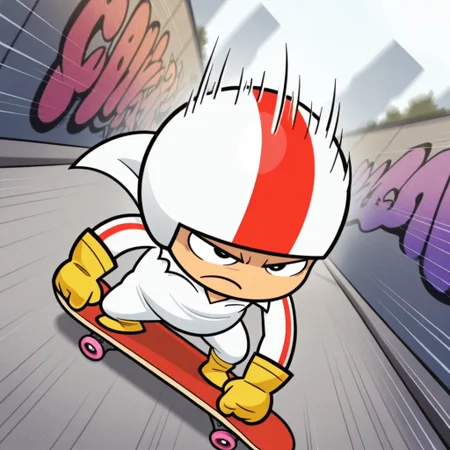 masterpiece, best quality, amazing quality, kickbutt, 1boy, male focus, human, solo, young, black eyes, short, slightly chubby, striped white jumpsuit, striped white helmet, yellow gloves, yellow boots, riding skateboard, serious, frown, skatepark, graffiti, high angle, dutch angle, (speed lines, motion blur)
