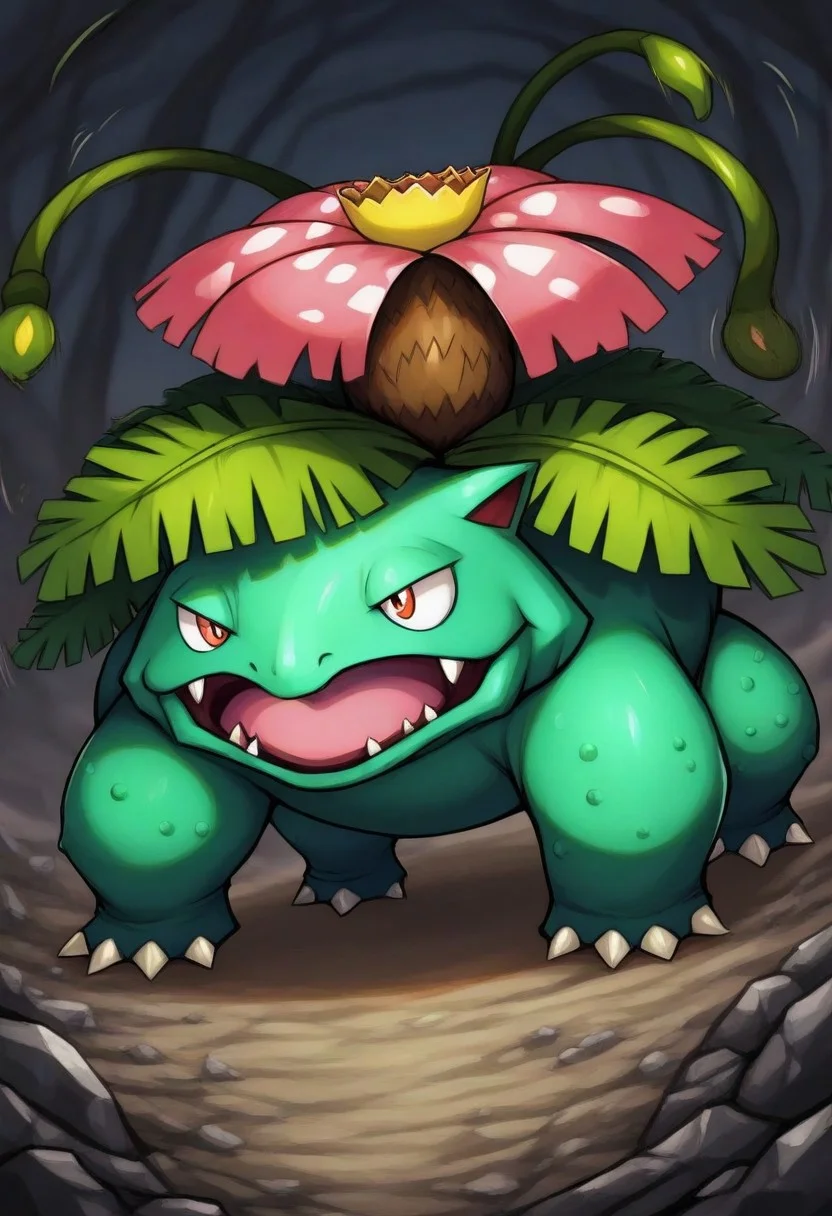 vwstyle, full-length portrait, <lora:Venusaur_IL:1> pokemon (creature), venusaur, plant on back, cinematic, blurred background, action scene, vines, vinewhip, motion lines, dynamic angle, open mouth, detailed background, solo, serious expression, debris,