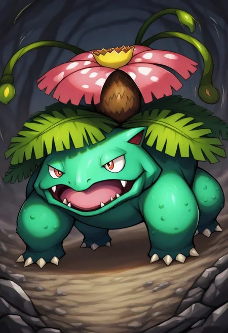 vwstyle, full-length portrait, <lora:Venusaur_IL:1> pokemon (creature), venusaur, plant on back, cinematic, blurred background, action scene, vines, vinewhip, motion lines, dynamic angle, open mouth, detailed background, solo, serious expression, debris,